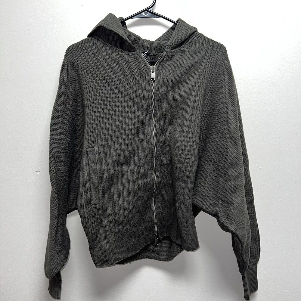 Athleta Size M Aurora Dolman Full-Zip Hooded Oversized Knit Sweater Olive Heavy